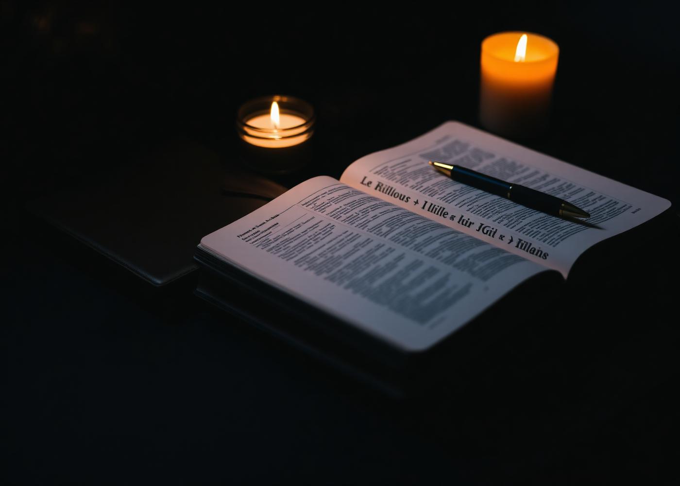 Open Bible and journal in warm candlelight